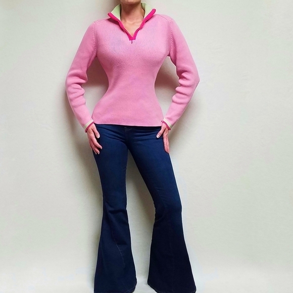 Vintage Retro Y2K Tommy Hilfiger Pastel Neon Pink Green Ribbed Pull-over Sweater - Picture 2 of 16